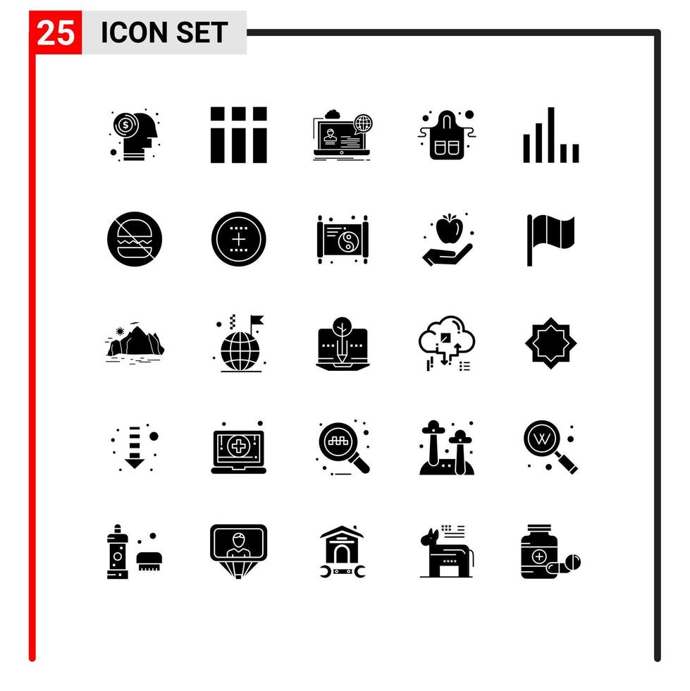 paquete de 25 signos y símbolos de glifos sólidos modernos para medios de impresión web, como guantes de restaurante, seminario web, sitios web de alimentos, elementos de diseño vectorial editables vector