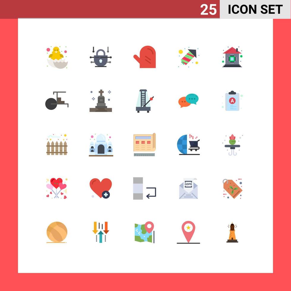 Modern Set of 25 Flat Colors Pictograph of microchip home automation food chip fire work Editable Vector Design Elements