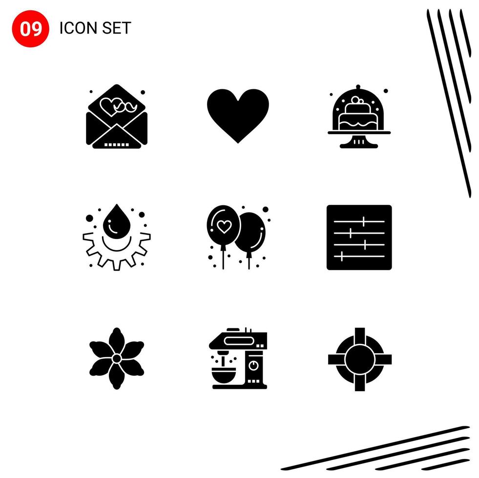 Pack of 9 creative Solid Glyphs of affection drop baked water dish Editable Vector Design Elements