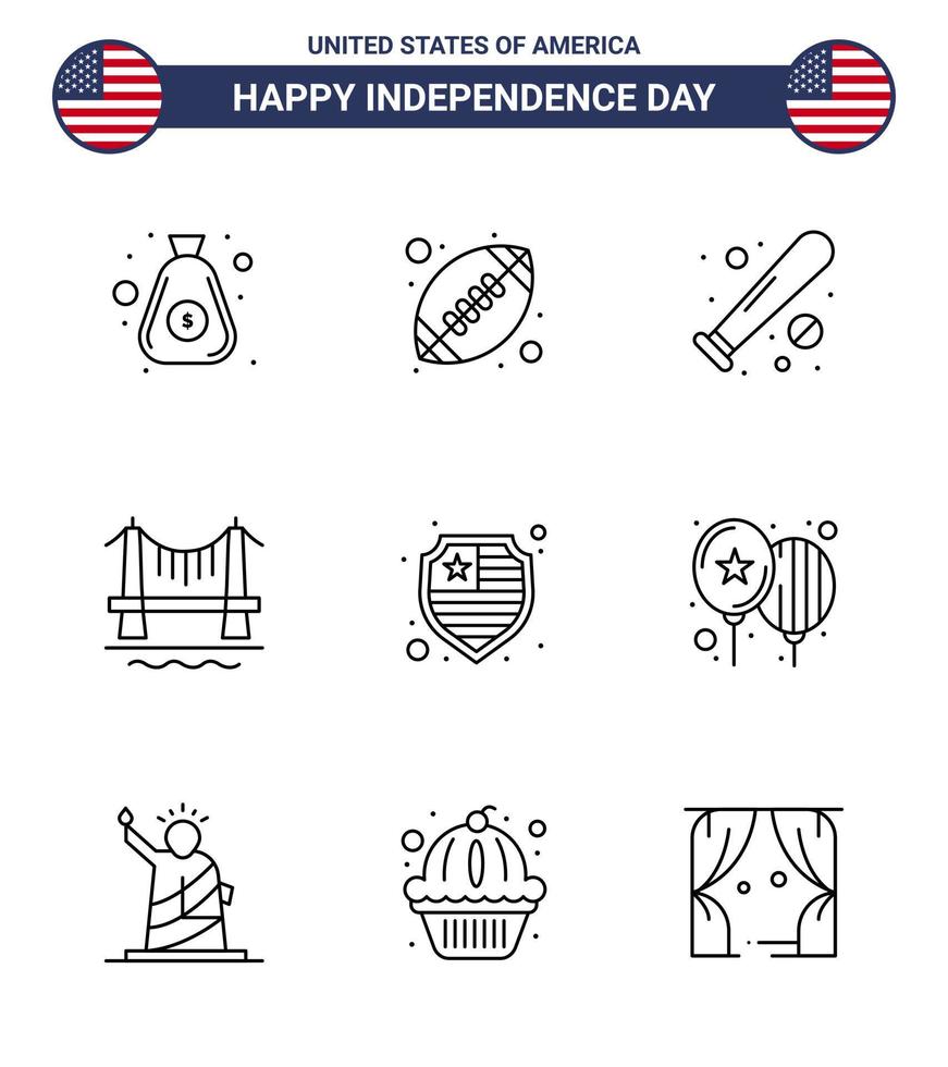 grupo de 9 líneas establecidas para el día de la independencia de los estados unidos de américa, como la construcción de bolas de la ciudad estadounidense, elementos de diseño vectorial editables del día de los ee.uu. vector