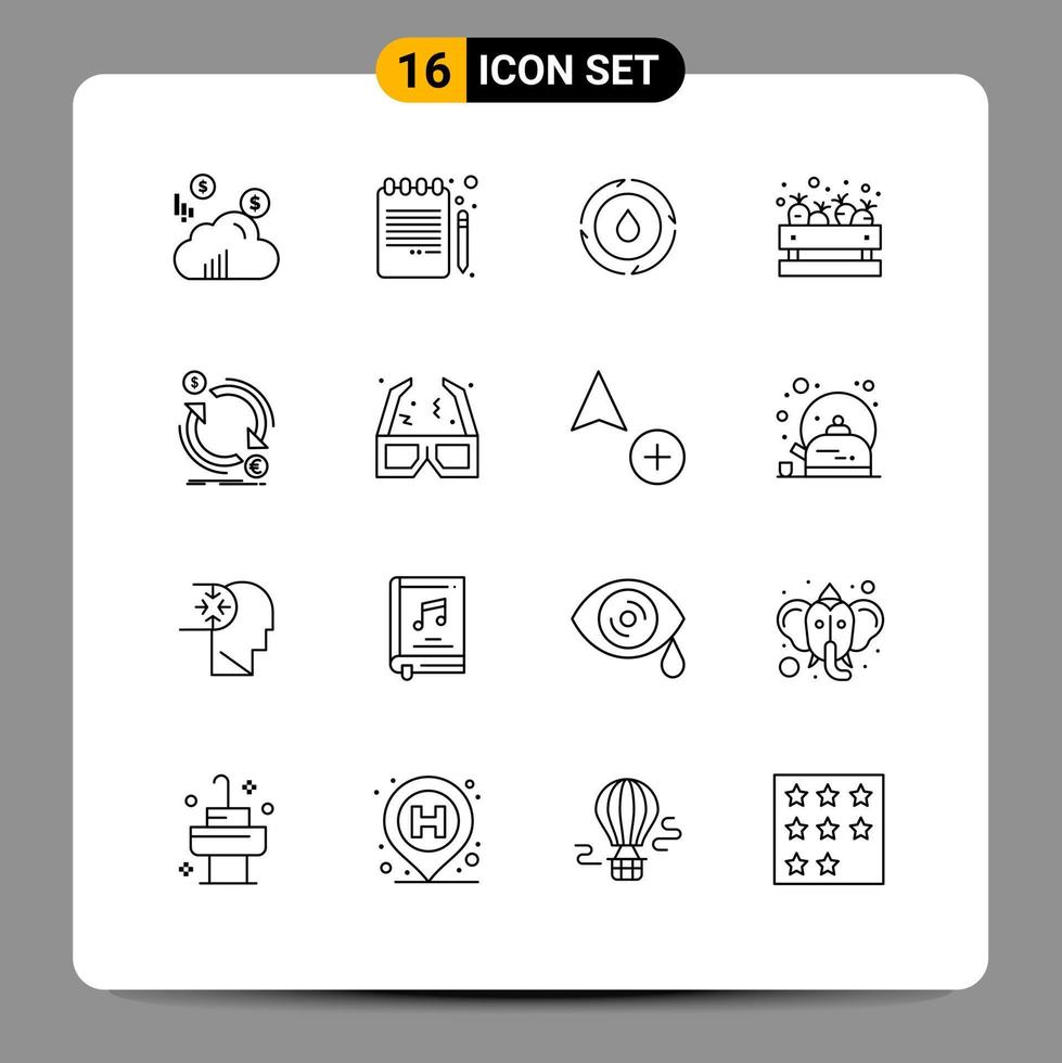 Set of 16 Modern UI Icons Symbols Signs for finance exchange water vegetable shopping Editable Vector Design Elements