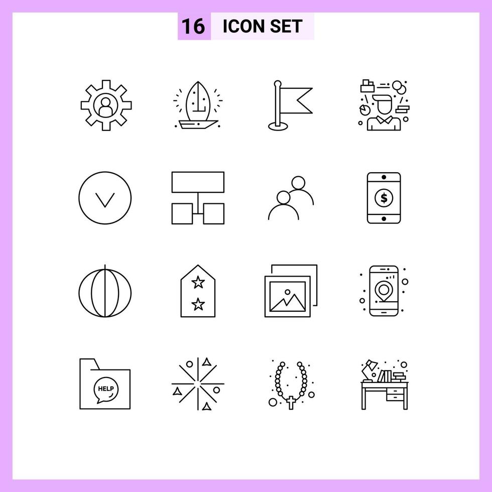 Set of 16 Modern UI Icons Symbols Signs for manager tasks sea person world Editable Vector Design Elements