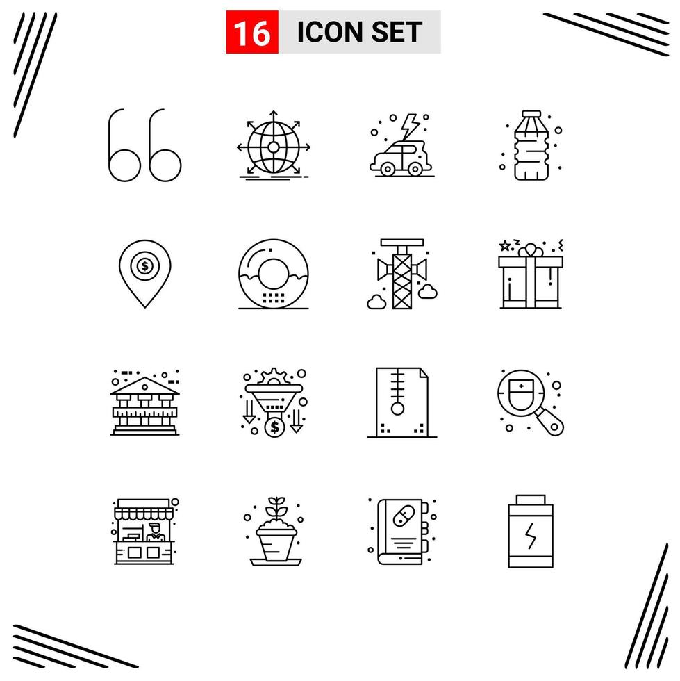 Outline Pack of 16 Universal Symbols of pin location day water drink Editable Vector Design Elements