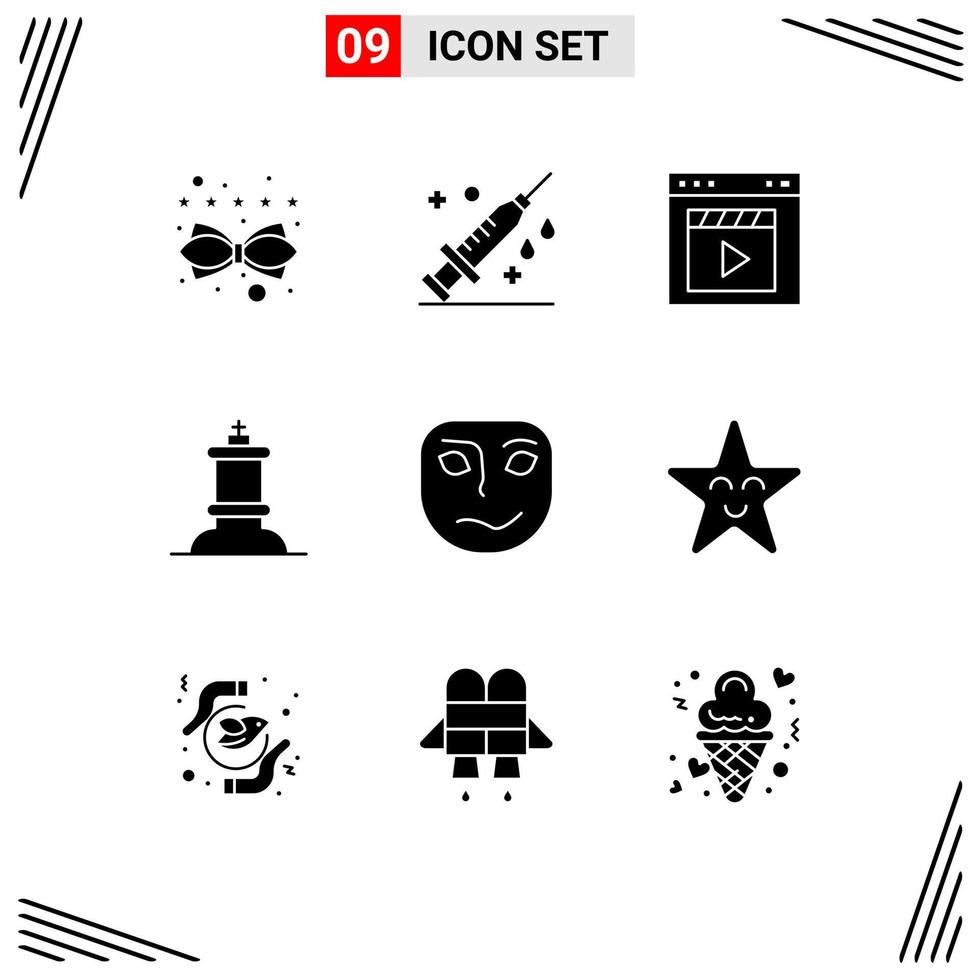 Modern Set of 9 Solid Glyphs and symbols such as emotion king browser figure movie Editable Vector Design Elements