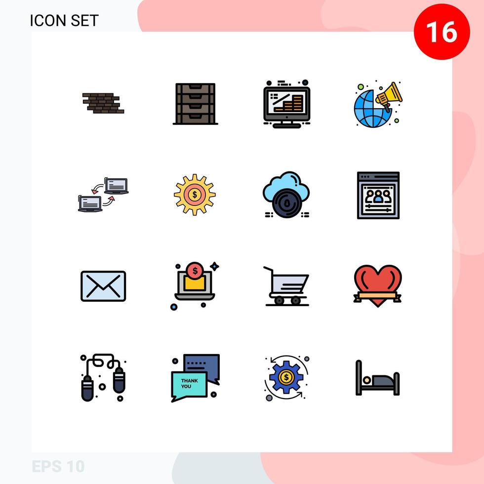 16 Universal Flat Color Filled Line Signs Symbols of worldwide global storage broadcast growth Editable Creative Vector Design Elements