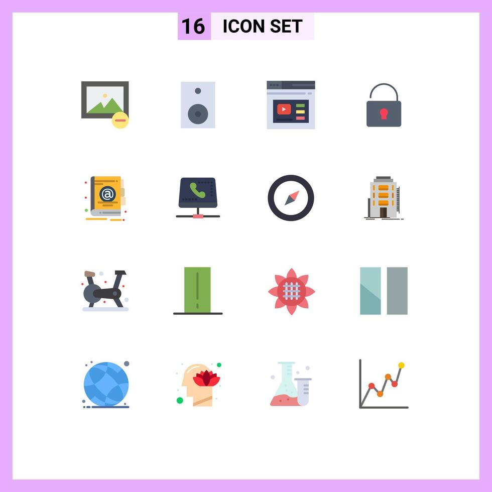 Set of 16 Commercial Flat Colors pack for book security internet lock video Editable Pack of Creative Vector Design Elements