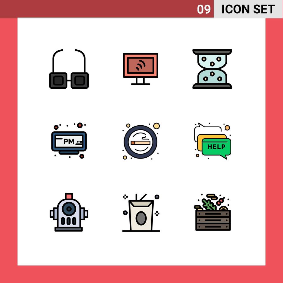 paquete de 9 modernos signos y símbolos de colores planos de línea rellena para medios de impresión web, como el signo de fumar, el lugar de espera, el tiempo, los elementos de diseño de vectores editables