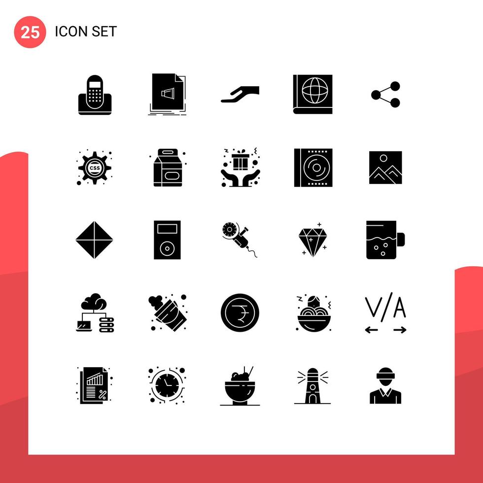 Pack of 25 creative Solid Glyphs of social media music book share Editable Vector Design Elements
