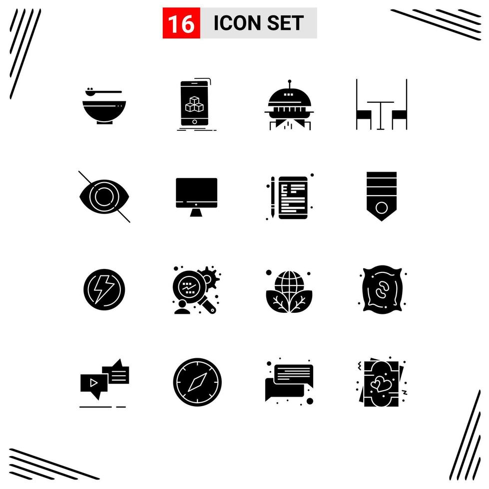 Modern Set of 16 Solid Glyphs Pictograph of computer eye astronomy disable interior Editable Vector Design Elements