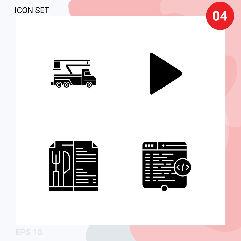 Universal Icon Symbols Group of 4 Modern Solid Glyphs of crane menu lifting video code Editable Vector Design Elements