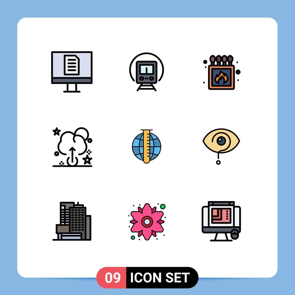 Modern Set of 9 Filledline Flat Colors and symbols such as research data fire analysis upload Editable Vector Design Elements