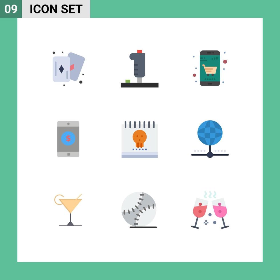 Modern Set of 9 Flat Colors Pictograph of halloween calendar business dollar mobile Editable Vector Design Elements