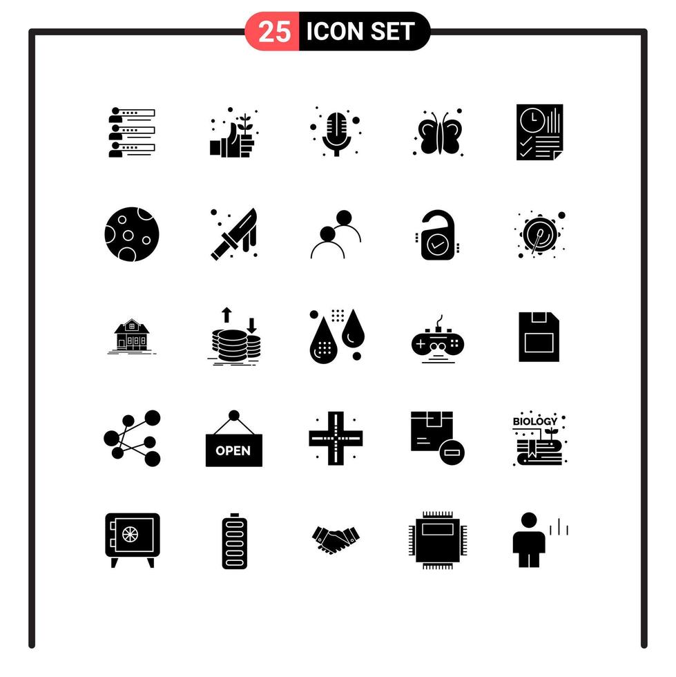 25 User Interface Solid Glyph Pack of modern Signs and Symbols of farming fly day butterfly microphone Editable Vector Design Elements