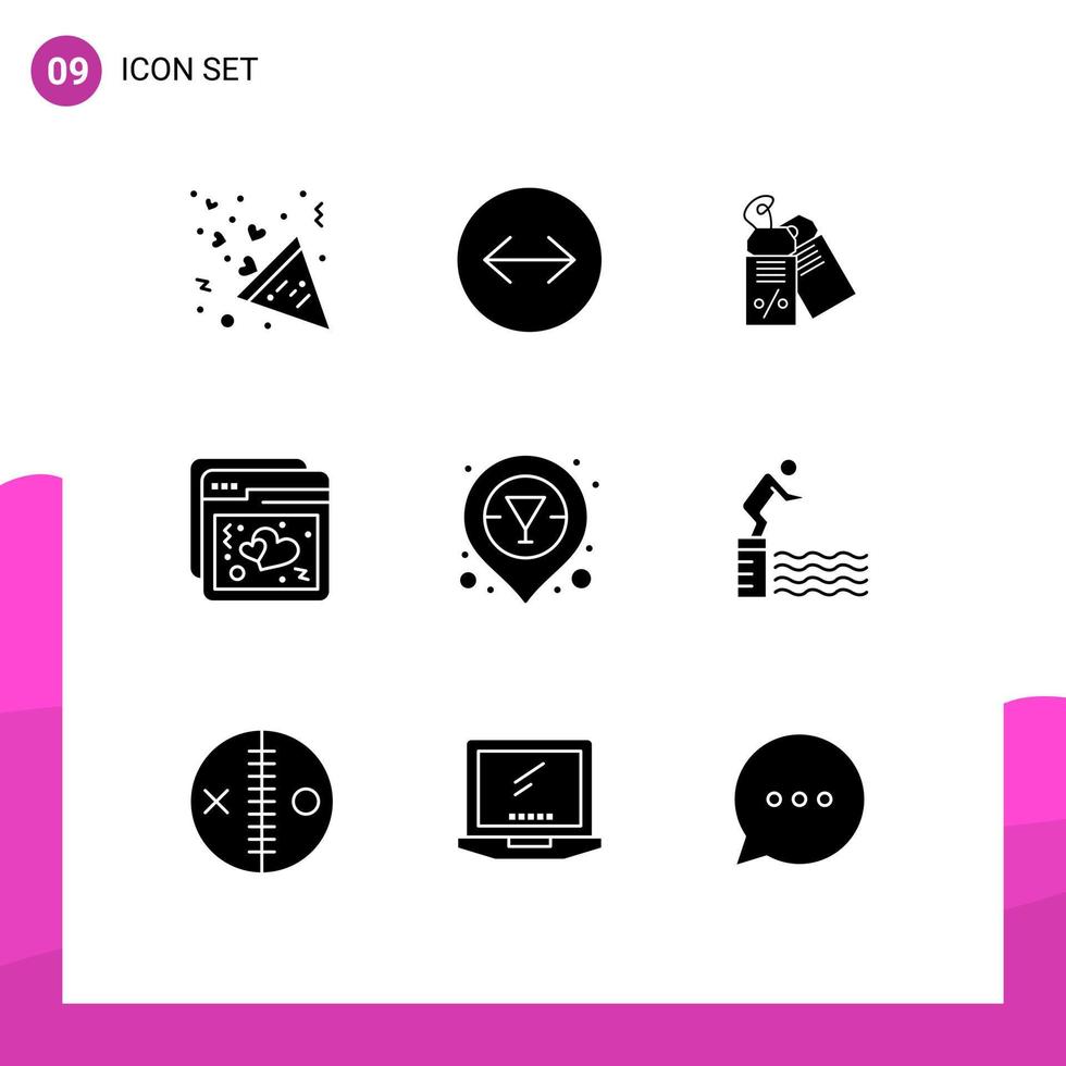 Pictogram Set of 9 Simple Solid Glyphs of vodka champagne bar location business web love Editable Vector Design Elements