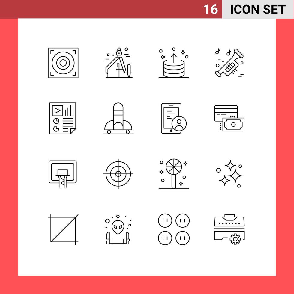 Pack of 16 Modern Outlines Signs and Symbols for Web Print Media such as page data export university music Editable Vector Design Elements