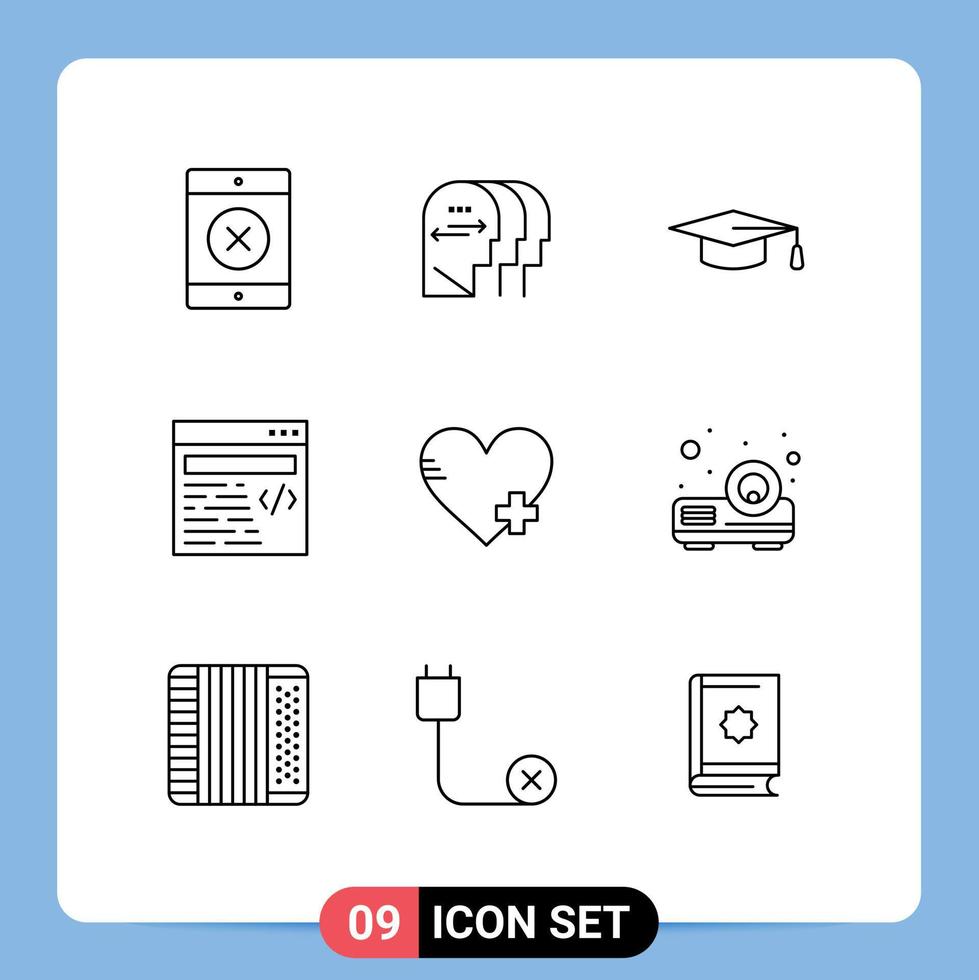 conjunto de 9 iconos modernos de la interfaz de usuario signos de símbolos para el corazón del sombrero de graduación del proyector beamer agregar elementos de diseño vectorial editables vector