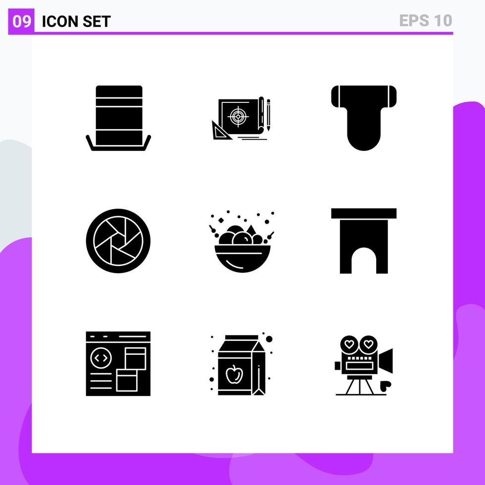 Pictogram Set of 9 Simple Solid Glyphs of summer camera lenses target camera eye pampers Editable Vector Design Elements