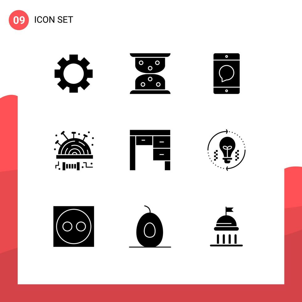 Mobile Interface Solid Glyph Set of 9 Pictograms of furniture decor devices stitch pincushion Editable Vector Design Elements