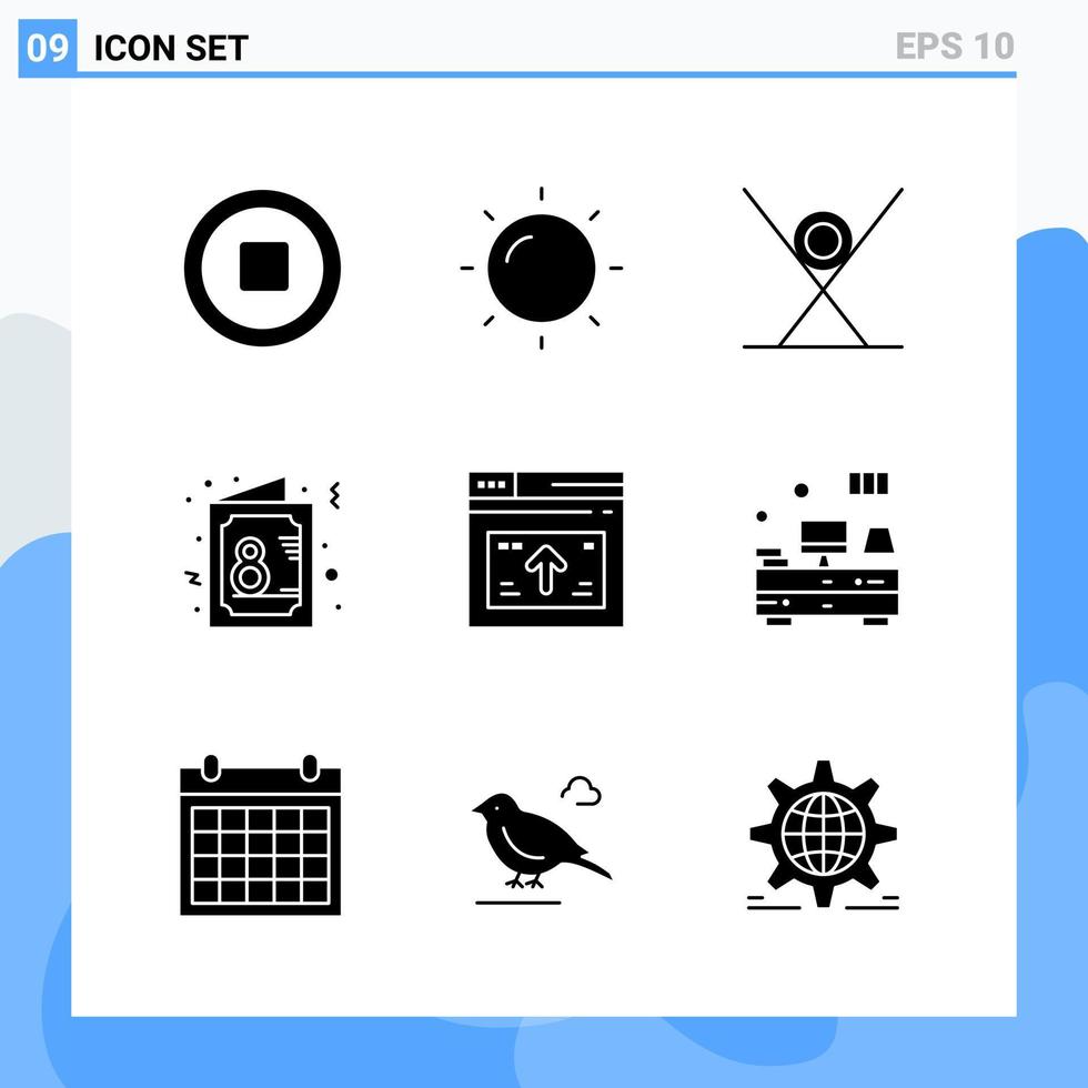 moderno 9 iconos de estilo sólido símbolos de glifo para uso general signo de icono sólido creativo aislado sobre fondo blanco paquete de 9 iconos vector