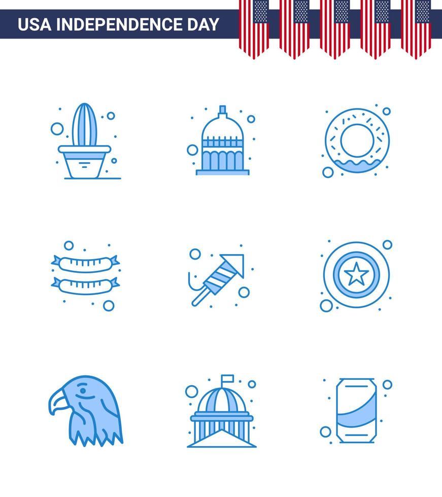 9 iconos creativos de estados unidos signos de independencia modernos y símbolos del 4 de julio del día religión donut trabajo de fuego frankfurter elementos de diseño de vector de día de estados unidos editables