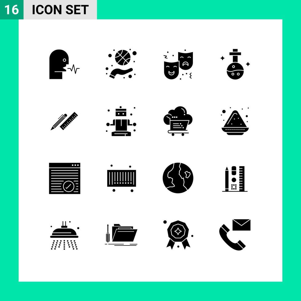 Pack of 16 Modern Solid Glyphs Signs and Symbols for Web Print Media such as medical flask spin drama expression Editable Vector Design Elements