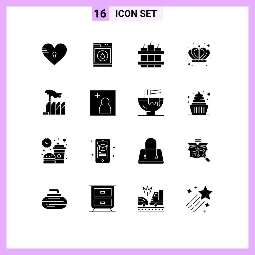 Group of 16 Modern Solid Glyphs Set for domination autocracy robbot king crown Editable Vector Design Elements