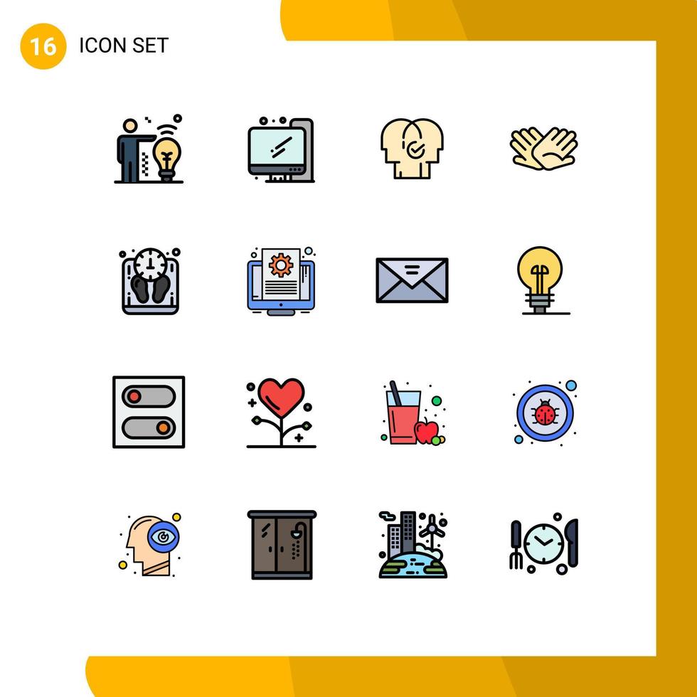 paquete de interfaz de usuario de 16 líneas básicas llenas de color plano de relaciones masivas modernas manos de ayuda elementos de diseño de vectores creativos editables