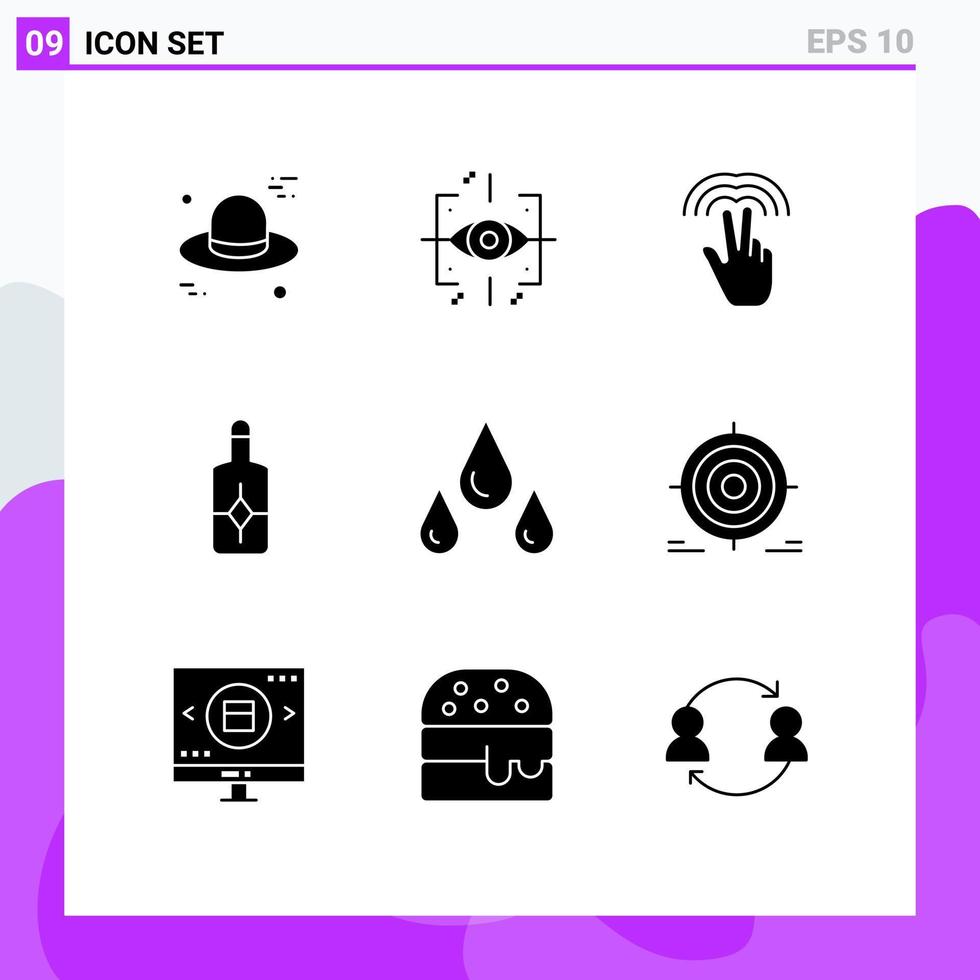 Solid Glyph Pack of 9 Universal Symbols of target weather gestures drops cream Editable Vector Design Elements