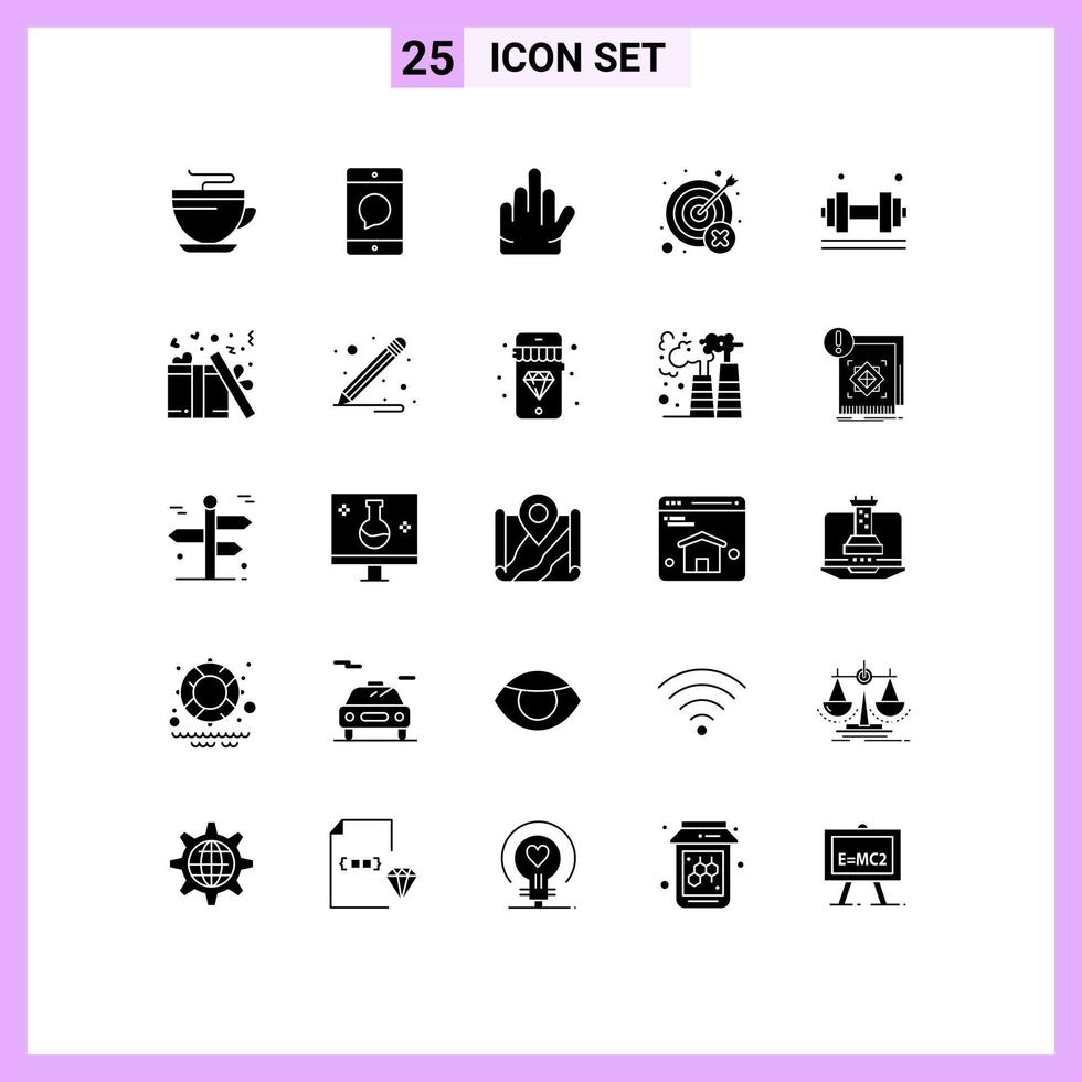 Solid Glyph Pack of 25 Universal Symbols of dumbell target mobile mistake fail Editable Vector Design Elements
