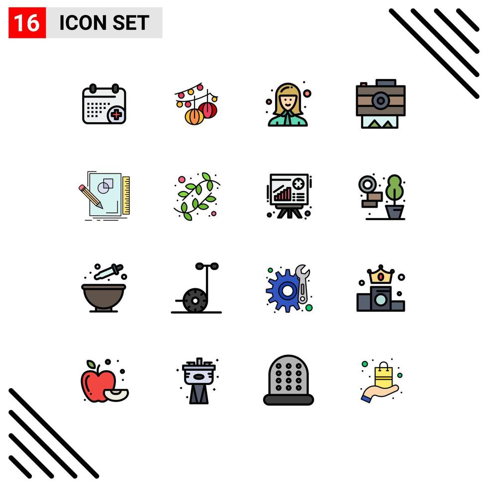 conjunto de pictogramas de 16 líneas simples llenas de color plano de boceto cámara avatar administrador de fotografía elementos de diseño de vectores creativos editables