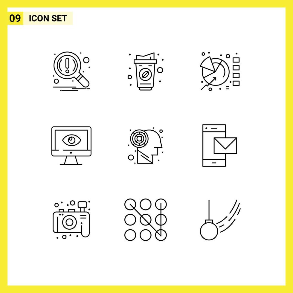 Modern Set of 9 Outlines and symbols such as watch surveillance chart privacy monitor Editable Vector Design Elements