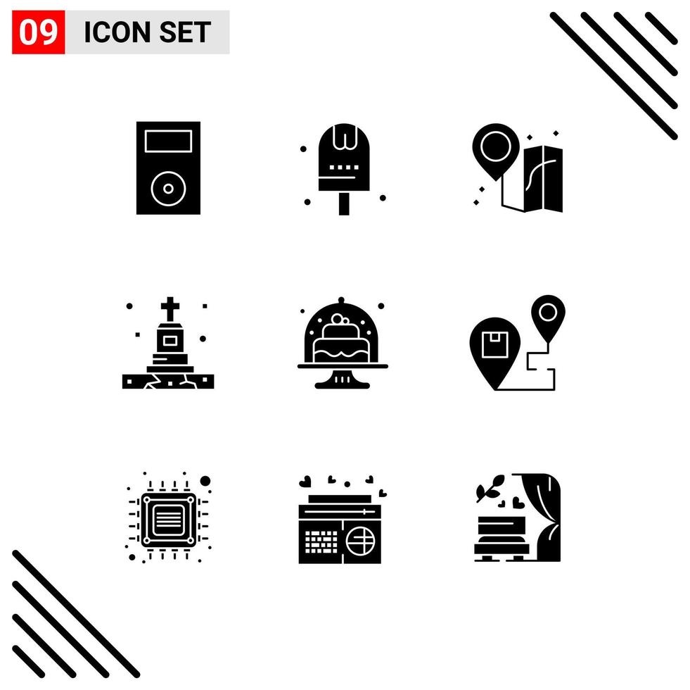 Mobile Interface Solid Glyph Set of 9 Pictograms of baked grave kitchen funeral map Editable Vector Design Elements