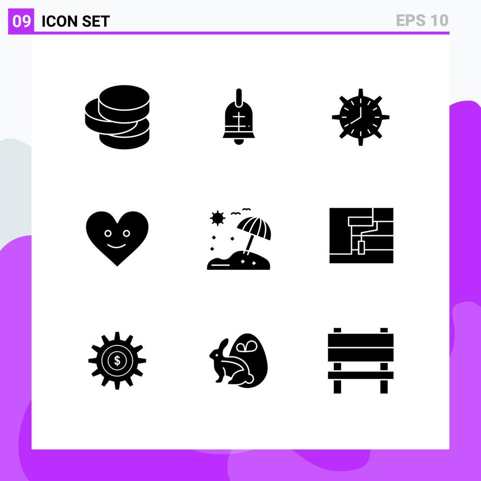 paquete de 9 signos y símbolos de glifos sólidos modernos para medios de impresión web, como la fecha límite del corazón de la playa, el reloj de amor, los elementos de diseño de vectores editables