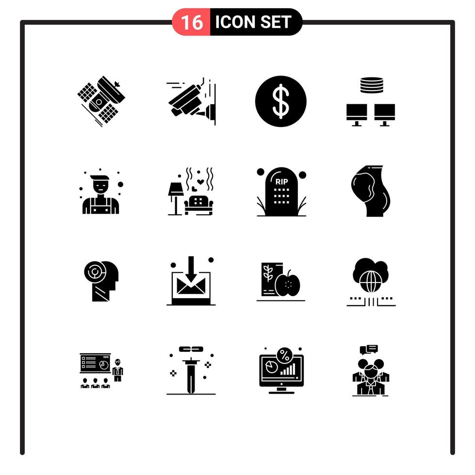 Solid Glyph Pack of 16 Universal Symbols of lump locksmith dollar handyman database Editable Vector Design Elements