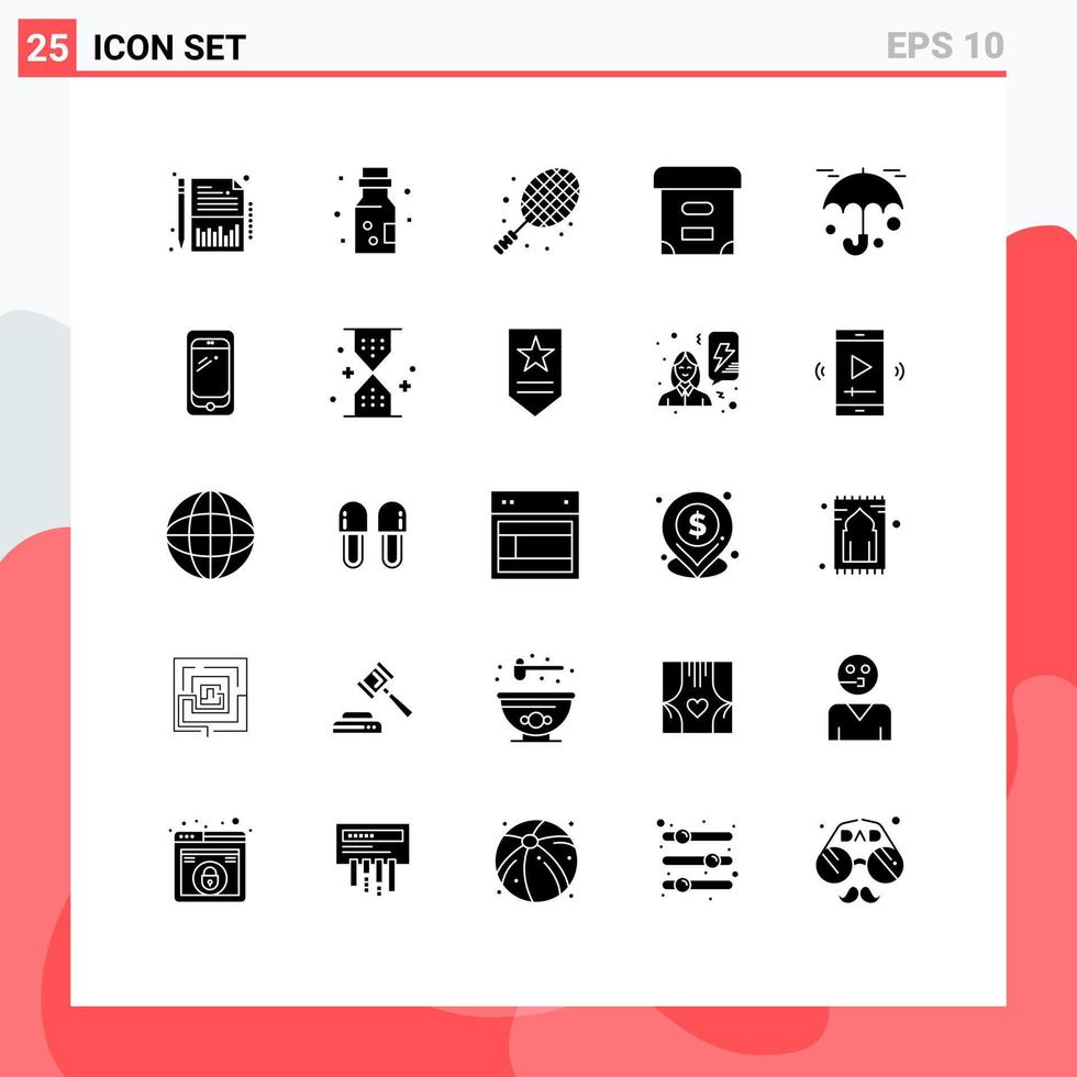 25 Thematic Vector Solid Glyphs and Editable Symbols of umbrella insurance ball documents archive Editable Vector Design Elements