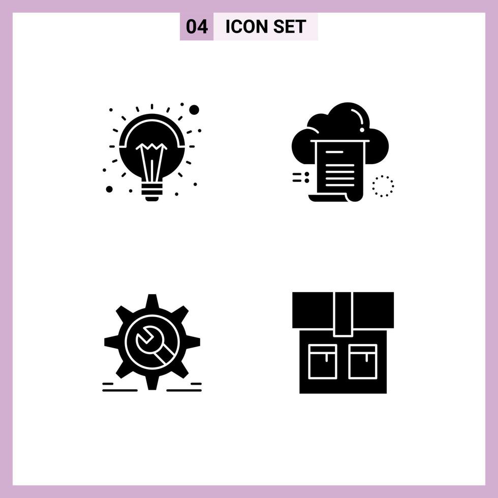 Group of 4 Modern Solid Glyphs Set for bulb setting lamp document wheel Editable Vector Design Elements