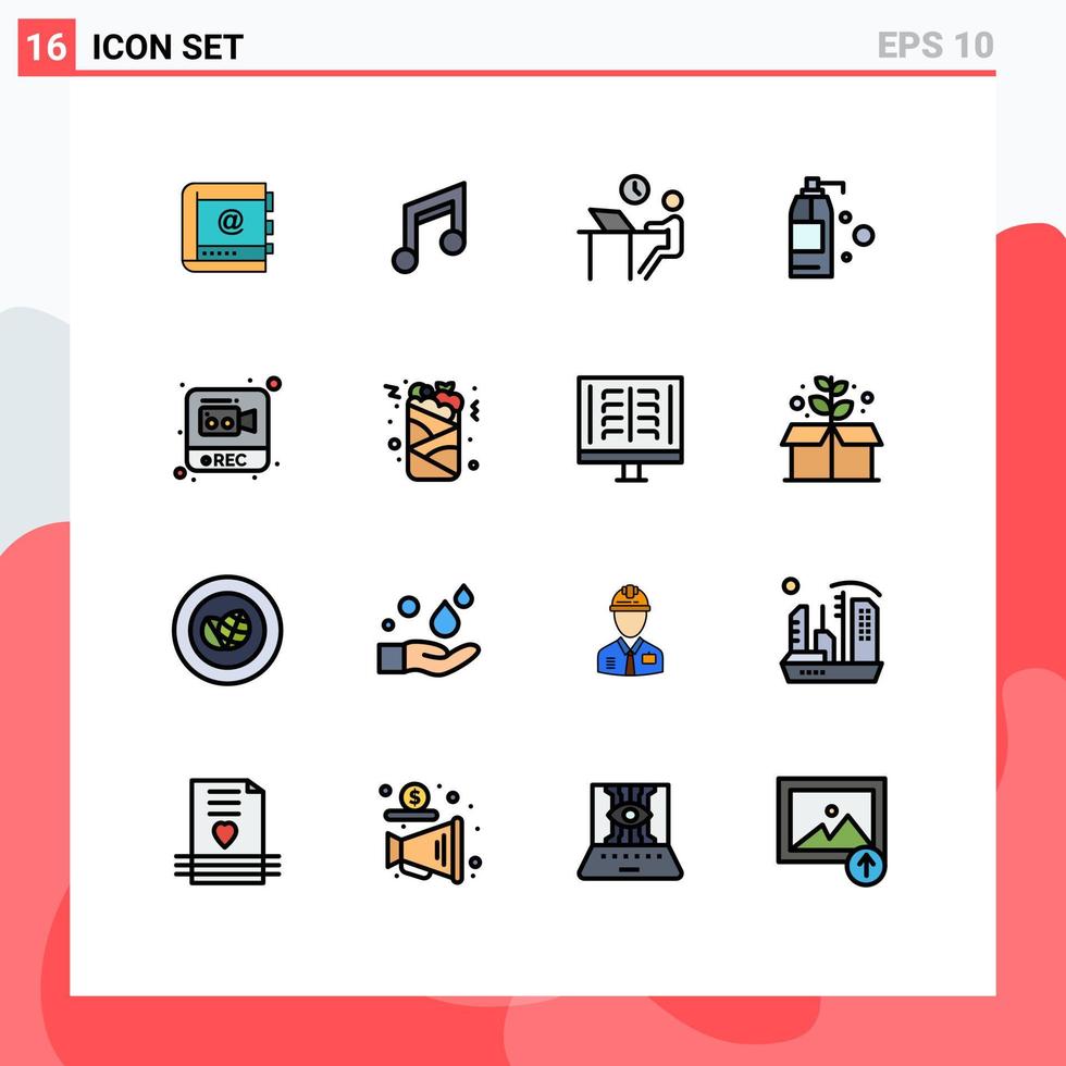 paquete de 16 líneas llenas de colores planos modernos, signos y símbolos para medios de impresión web, como la persona de limpieza, escritorio de oficina básico, elementos de diseño de vectores creativos editables