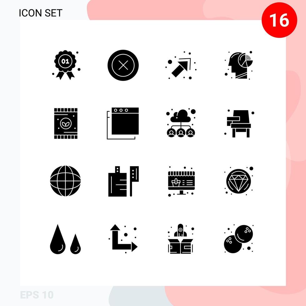 Set of 16 Commercial Solid Glyphs pack for fertilizer mind arrow human graph Editable Vector Design Elements