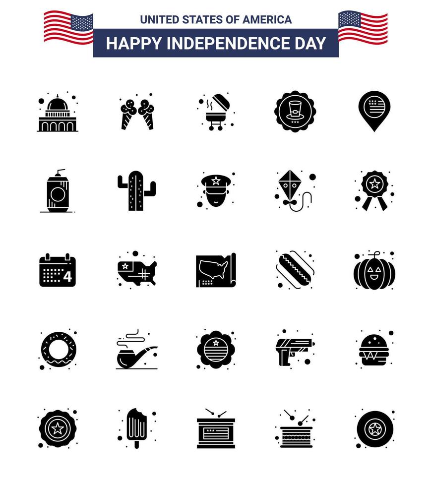 Editable Vector Solid Glyph Pack of USA Day 25 Simple Solid Glyph of map american barbecue usa drink Editable USA Day Vector Design Elements