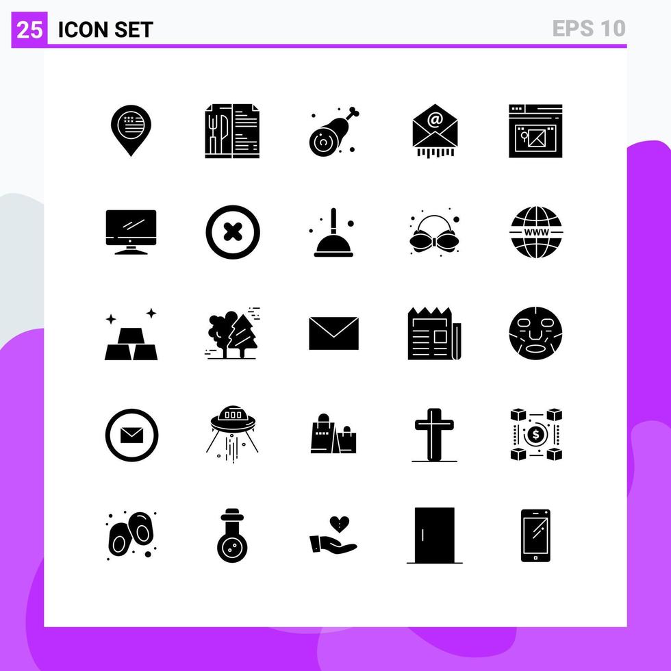 paquete de 25 signos y símbolos de glifos sólidos modernos para medios de impresión web, como páginas comerciales, correo óseo y elementos de diseño de vectores editables