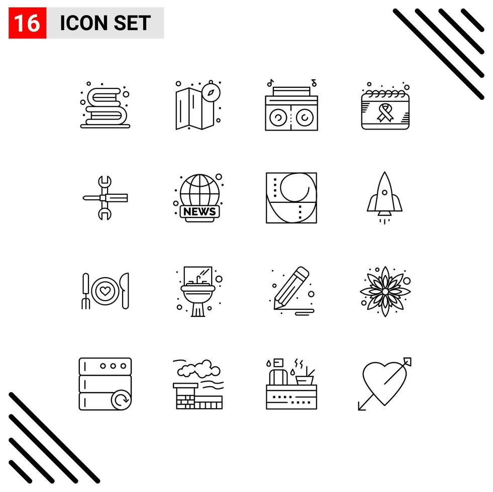 Pictogram Set of 16 Simple Outlines of controls world music health cancer Editable Vector Design Elements