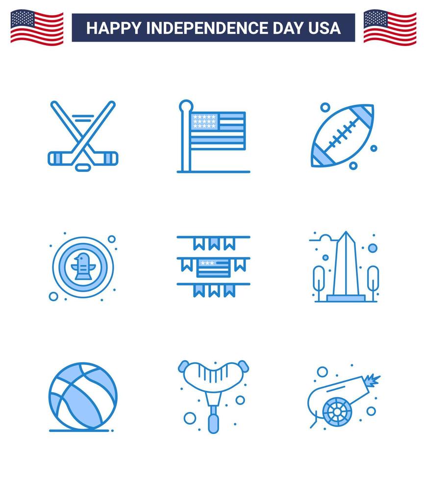 Set of 9 Modern Blues pack on USA Independence Day buntings eagle ball celebration american Editable USA Day Vector Design Elements