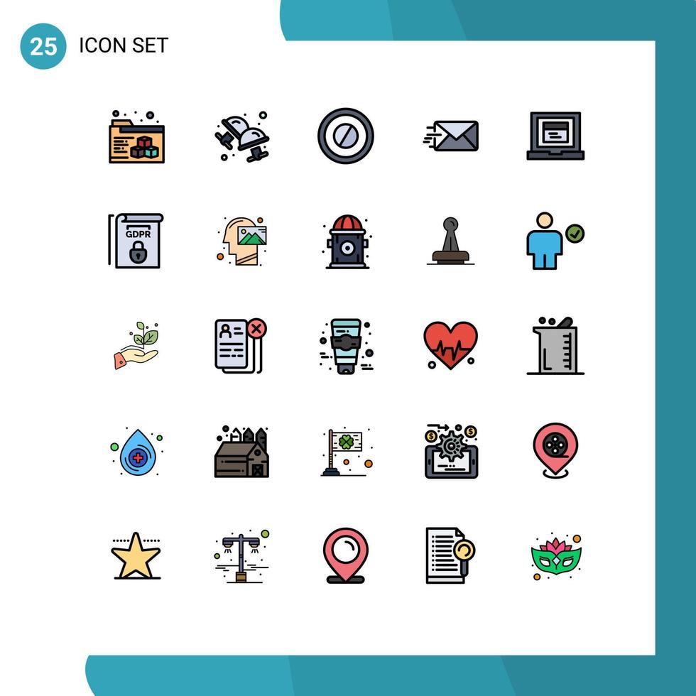 conjunto de pictogramas de 25 colores planos de línea rellena simple de reglas gdpr tableta sitio web navegador elementos de diseño vectorial editables vector