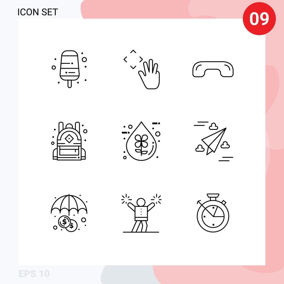 conjunto de 9 iconos modernos de la interfaz de usuario signos de símbolos para los elementos de diseño vectorial editables del bolso escolar eco bio hang vector