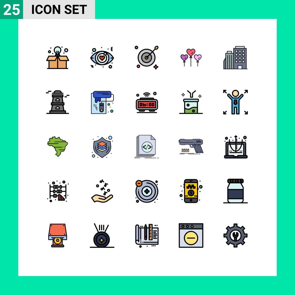 Group of 25 Filled line Flat Colors Signs and Symbols for tower city arrow home hotel Editable Vector Design Elements