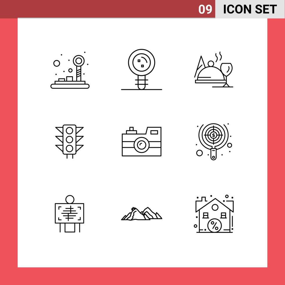Modern Set of 9 Outlines Pictograph of antique camera light genetic sign glass Editable Vector Design Elements