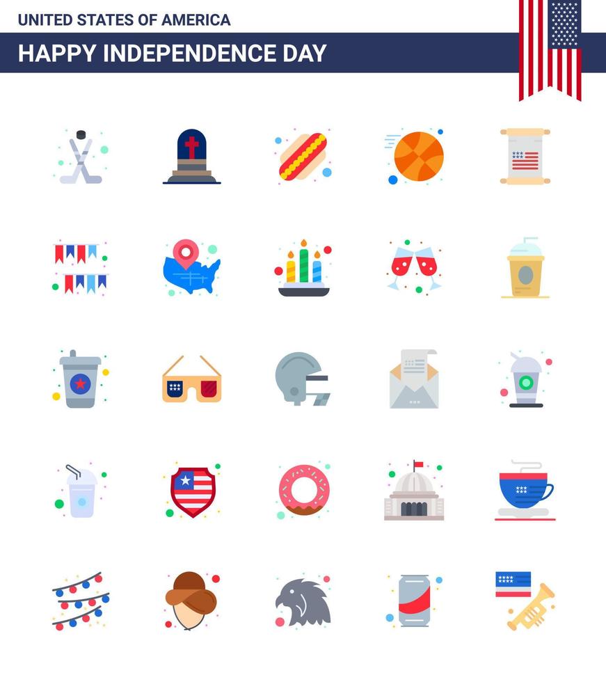 Happy Independence Day 4th July Set of 25 Flats American Pictograph of usa text american scroll ball Editable USA Day Vector Design Elements