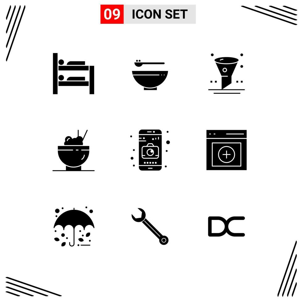 Solid Glyph Pack of 9 Universal Symbols of communication camera filter application food Editable Vector Design Elements