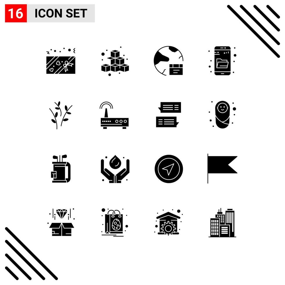 Pack of 16 Modern Solid Glyphs Signs and Symbols for Web Print Media such as buds research app explore internet Editable Vector Design Elements