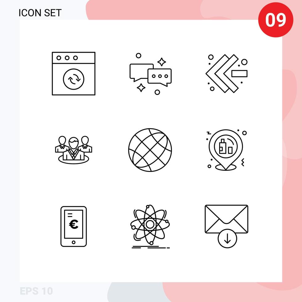 Mobile Interface Outline Set of 9 Pictograms of earth contact fast forward communication gossip Editable Vector Design Elements